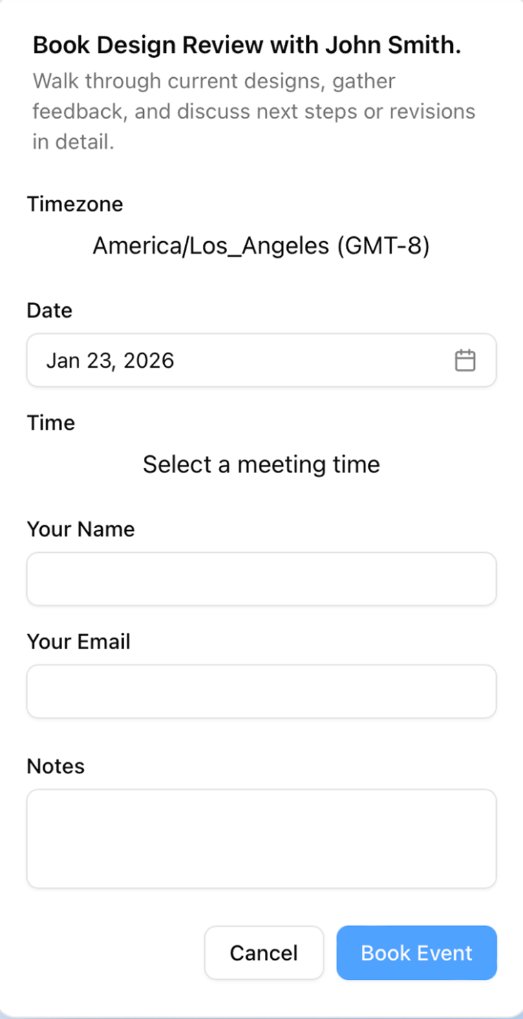 screenshot of the calendra booking page.